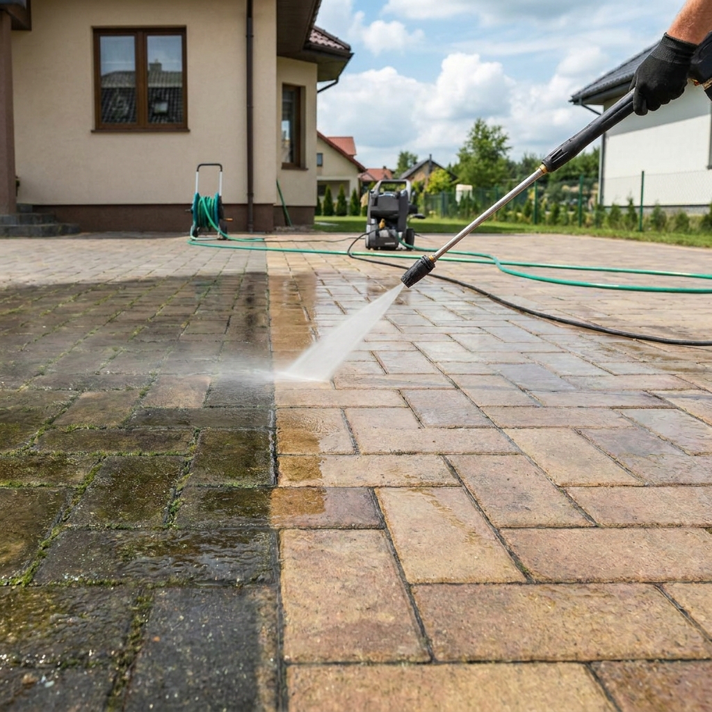 Mycie ciśnieniowe kostki i schodów myjką wysokociśnieniową